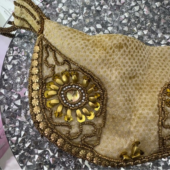 Bag Folded Handmade India-Gold Sequin Beads/Rhinestones/Wristlet/Purse/Bag round - Picture 10 of 12